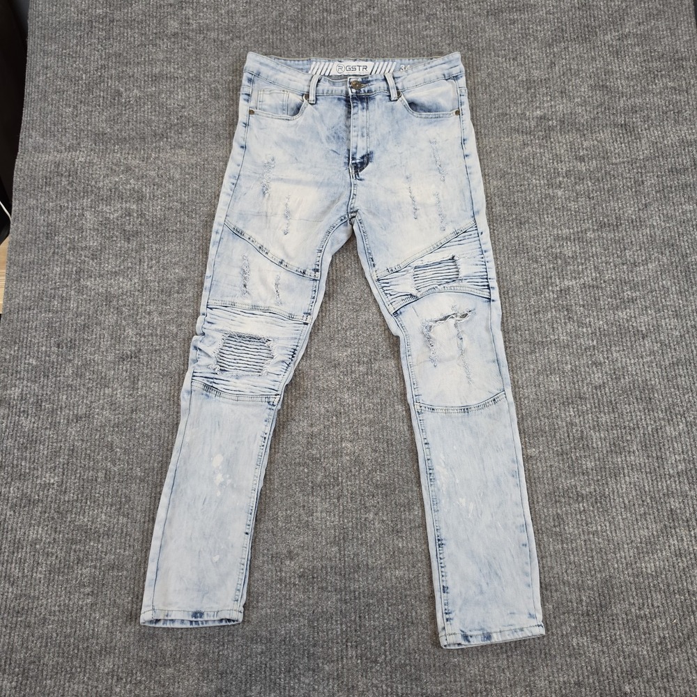GSTR Men's Distressed Moto Biker Jeans Size 34x30 Light Wash Bleach Splash Denim